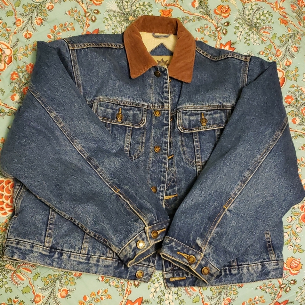 Fuzzy-lined Denim Jacket with Corduroy Collar